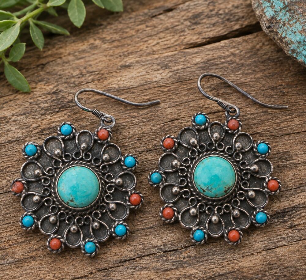 Vintage 925 Sterling Silver Turquoise & Coral Southwestern Statement Earrings
